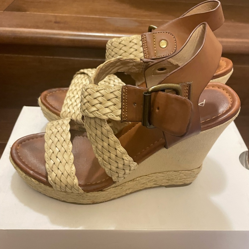 Aldo Cream and Brown Braided Wedge Sandals